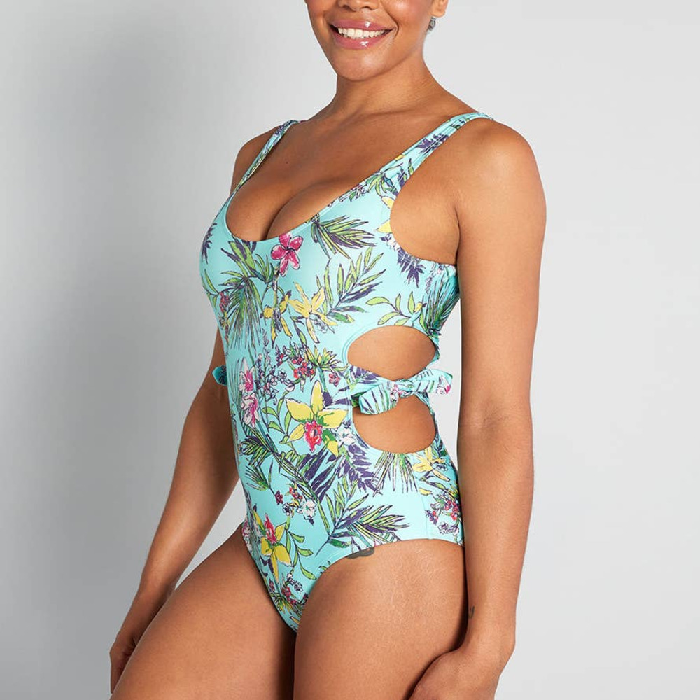 ModCloth One Piece Swimsuit Large Stevie Mint Floral Cutout Tropical